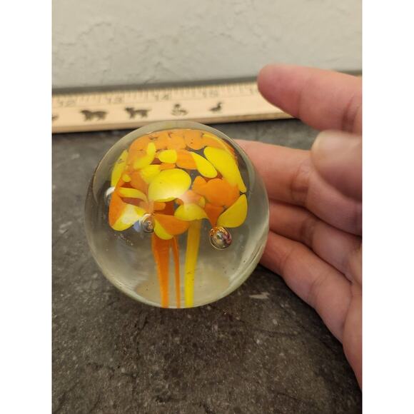 2 Hand‎ Blown Round Glass Paperweight with Yellow Orange Flowers Green Egg - Picture 5 of 13